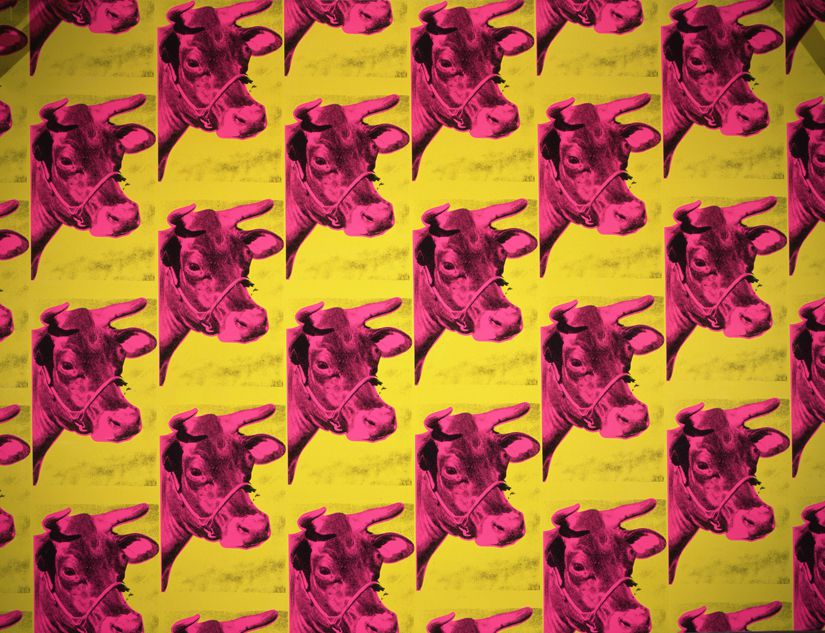 Facsímil del papel pintado con vacas. Serigrafía sobre papel. Creado por Andy Warhol en 1966. Refabricado per The Andy Warhol Museum, Pittsburgh. Collection of the Andy Warhol Museum, Pittsburgh