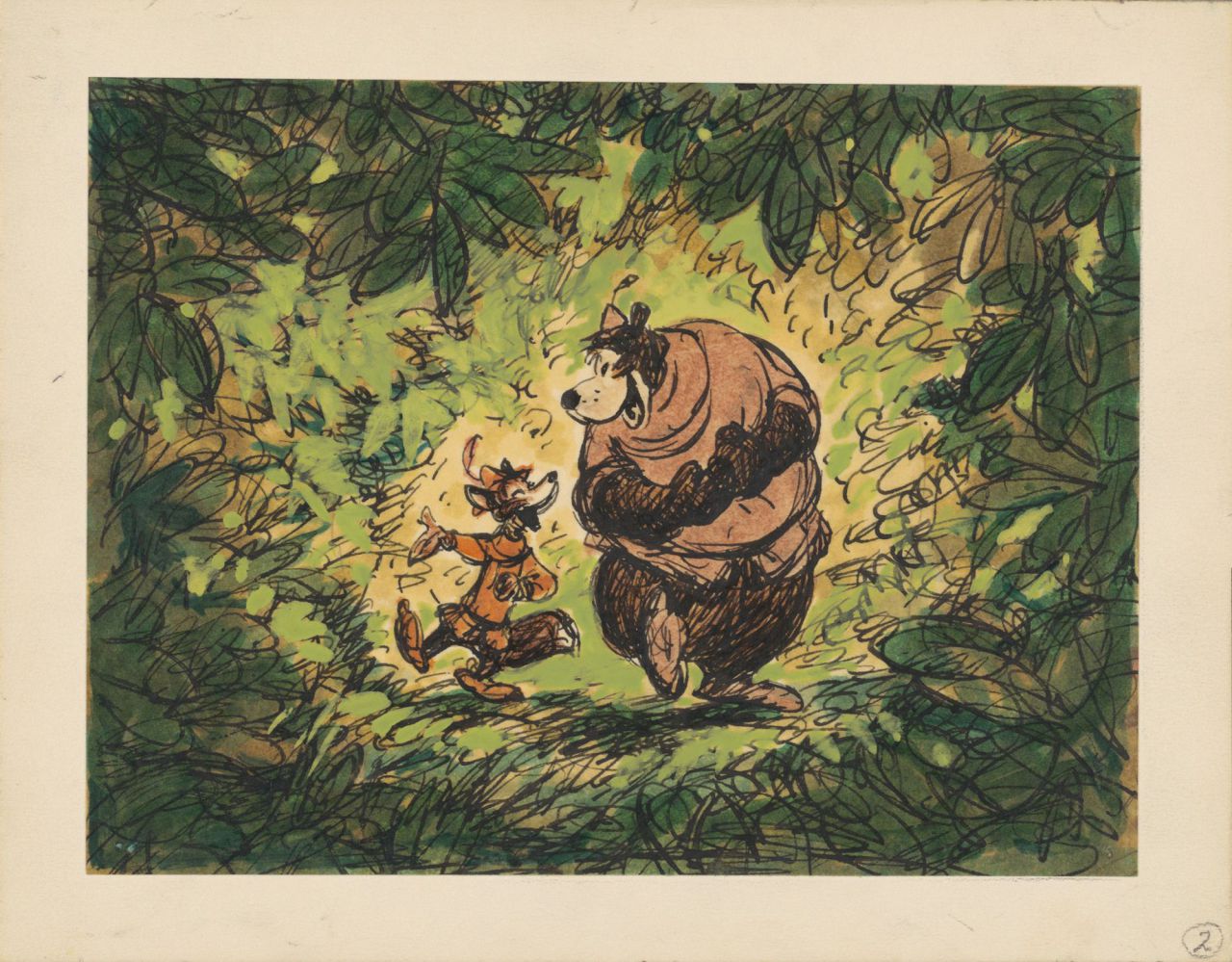 Robin Hood, 1973. Artista del estudio Disney. Estudio para la dirección de arte. Aguada, rotulador y tinta sobre papel
