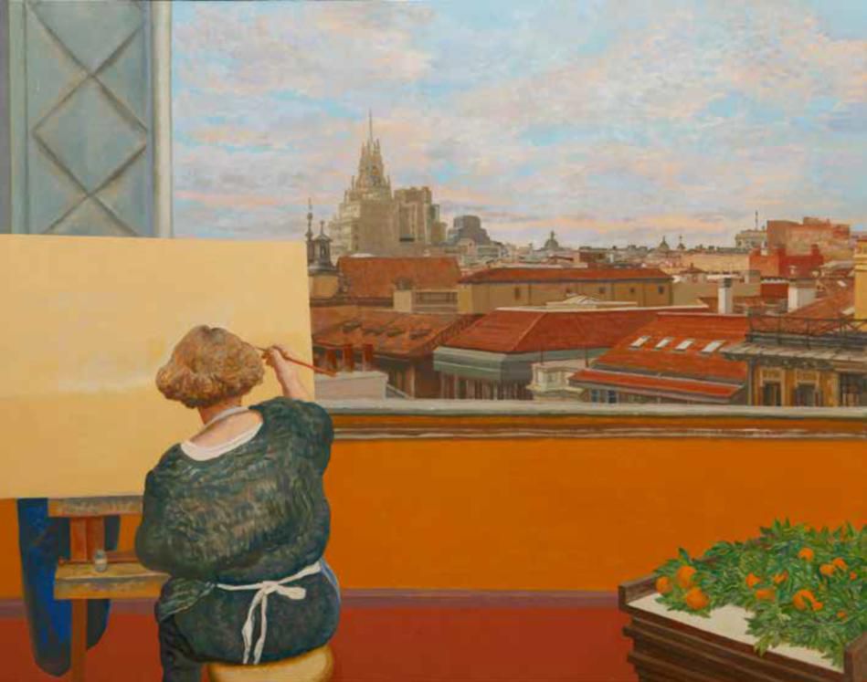 Alcorlo delante de su cuadro Recuerdo de Roma 1962