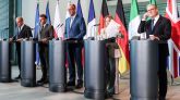 El primer ministro polaco Donald Tusk, el presidente francés Emmanuel Macron, el canciller alemán Friedrich Merz, la primera ministra italiana Giorgia Meloni y el primer ministro británico Keir Starmer.