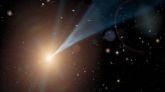 Representación artística de un blázar. Esta galaxia activa emite chorros de radiación y materia hacia la Tierra. Imagen: NASA/JPL-Caltech