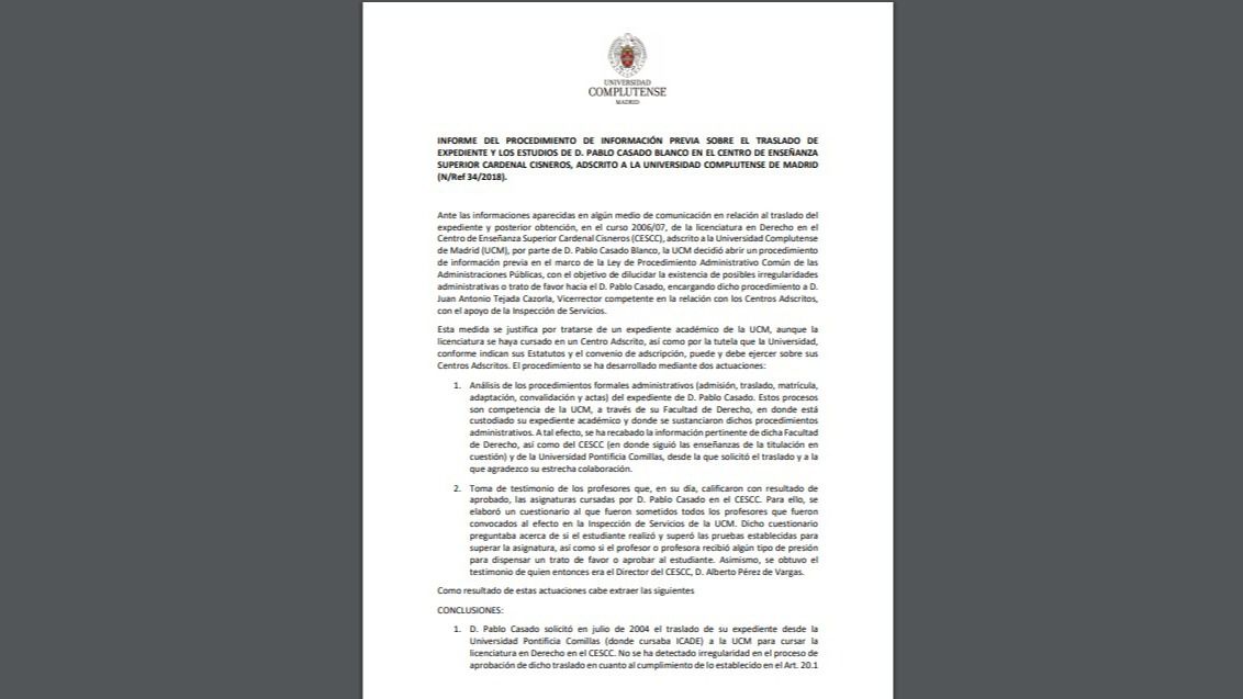Informe de la UCM sobre el título de Derecho de Casado