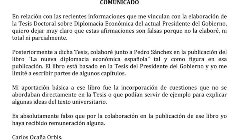 El supuesto 'negro' de Sánchez niega haber escrito la tesis