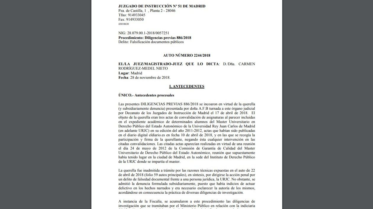 Documento | Auto de procesamiento de Cifuentes por su máster en la URJC