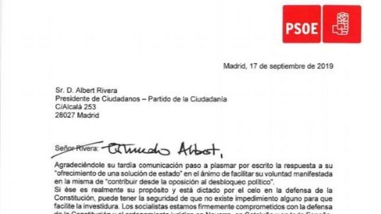 Sánchez garantiza por carta a Rivera su 