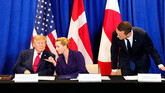 Donald Trump con los primeros ministros de Dinamarca y Groenlandia, Mette Frederiksen, y Jens-Frederik Nielsen.
