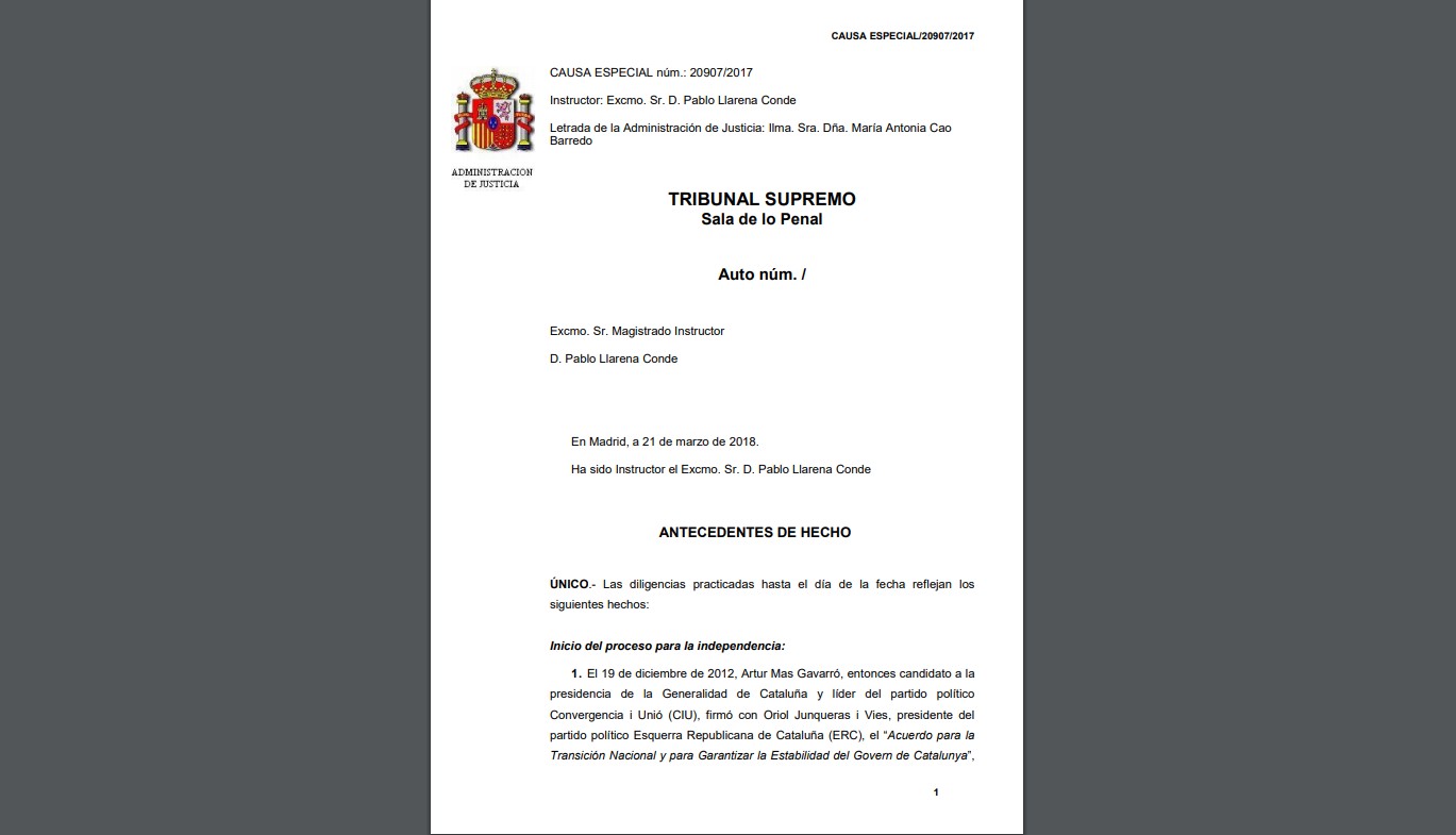 Auto de procesamiento de Llarena de la causa del procés