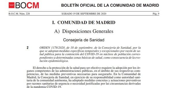 El Boletín de la Comunidad de Madrid publica las nuevas medidas restrictivas