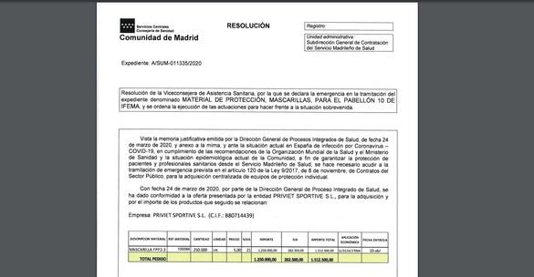 Documento | Ayuso difunde el contrato de mascarillas de 1,5 millones de euros