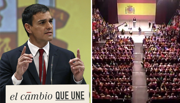 Sánchez, proclamado como candidato envuelto en la bandera de España