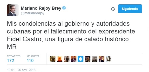 España expresa sus condolencias por muerte de Fidel Castro