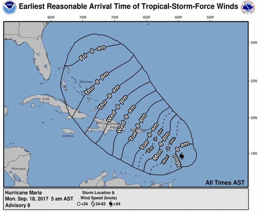 Representación artística que muestra la posible trayectoria de la tormenta tropical María en el Océano Atlántico, a 18 de septiembre de 2017. Se espera que María aumente a categoría 3 o 4 a su paso por Puerto Rico y las Islas Vírgenes de los Estados Unidos. CNH