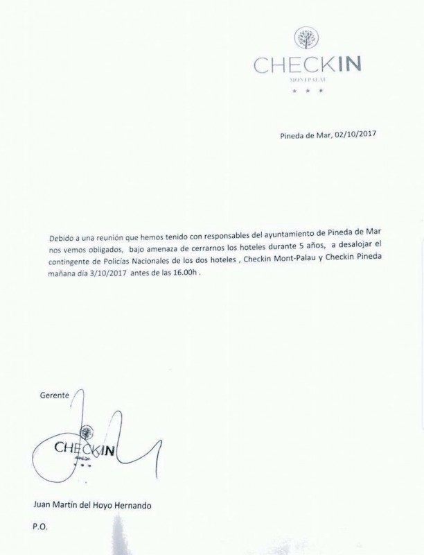 Supuesto documento en el que el gerente de los hoteles 'Checkin' de Pineda responsabiliza al Ayuntamiento. Twitter