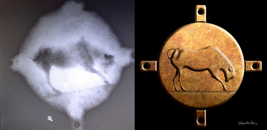 Radiografía del disco de bronce hallado en el naufragio de Anticitera y reconstrucción artística. Izquierda: EUA Derecha: Alexander Tourtas.