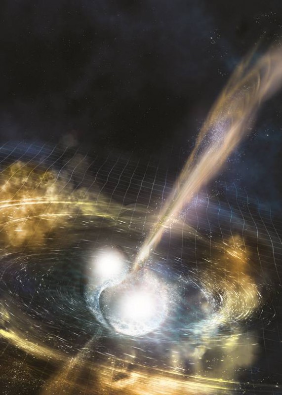 Ilustración de dos estrellas de neutrones en el momento de fusión. La cuadrícula muestra las ondulaciones en el espaciotiempo (las ondas gravitatorias), mientras que los haces de luz estrechos representan los estallidos de rayos gamma. Las nubes de material expulsado por las estrellas en la fusión brillan en varias longitudes de ondas, entre ellas el visible. Fuente: NSF/LIGO/Sonoma State University/A. Simonnet.
