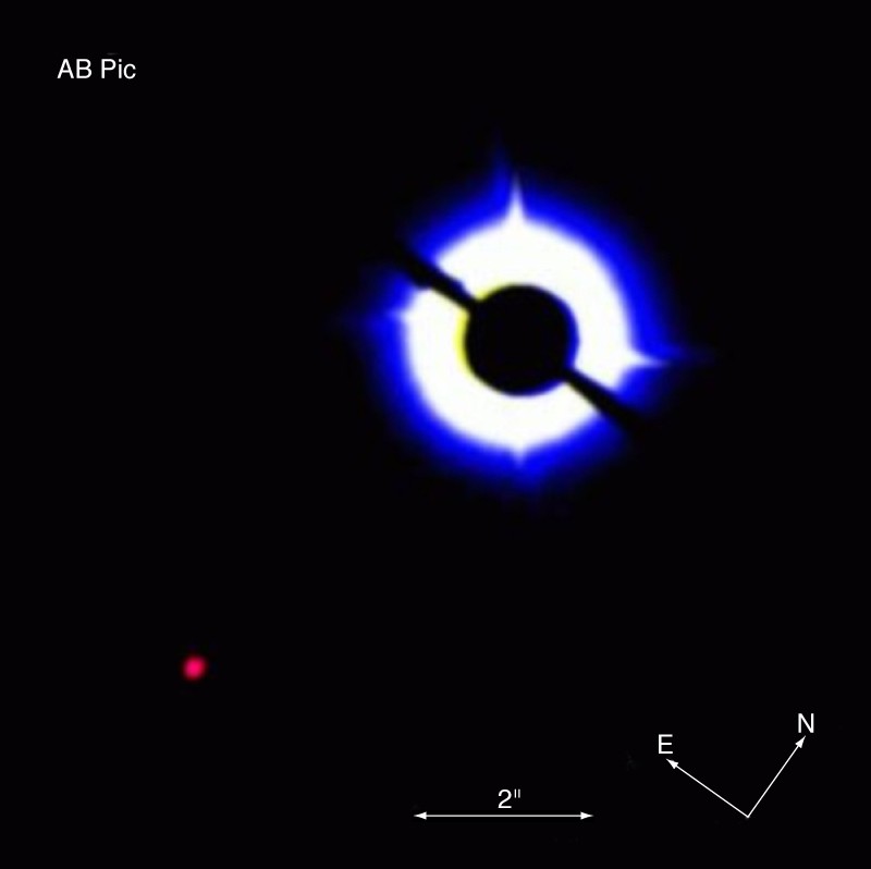 Imagen coronógrafica de AB Pictoris que muestra a su pequeño compañero (inferior izquierda), descubierto mediante la técnica del tránsito | ESO