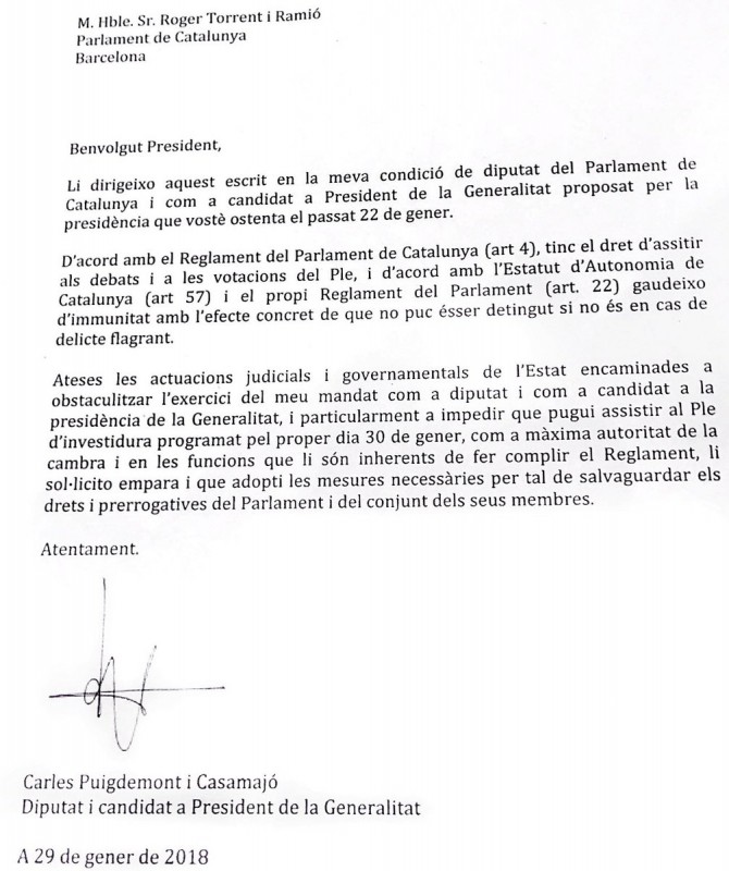 Escrito remitido por Puigdemont al president del Parlament, Roger Torrent