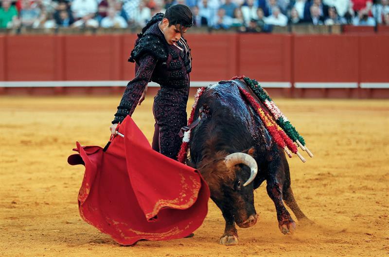 El diestro López Simón da un pase con la muleta al segundo de su lote / Efe