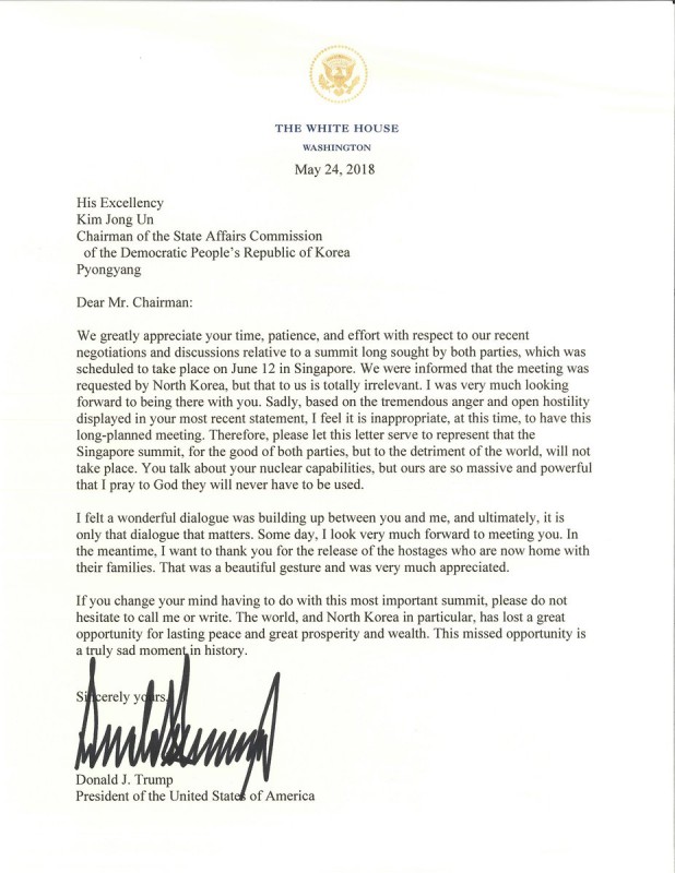 Carta de Donald Trump a Kim Jong-un.