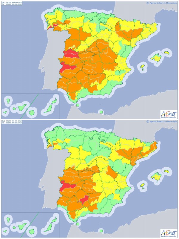 Zonas en alerta amarilla, naranja y roja para este viernes y sábado.