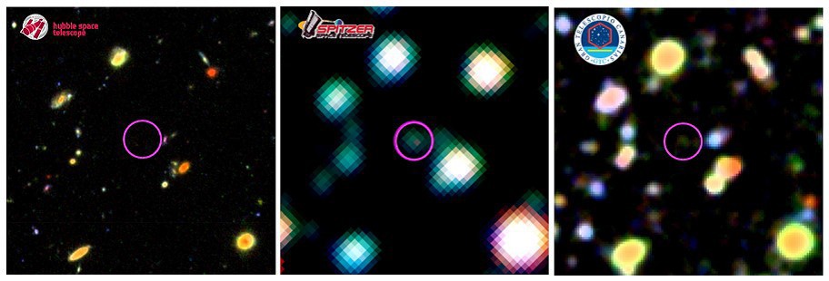 Imágenes del cielo en torno a una de las galaxias masivas y distantes descubiertas en el trabajo. | Fuente: UCM / CAB.