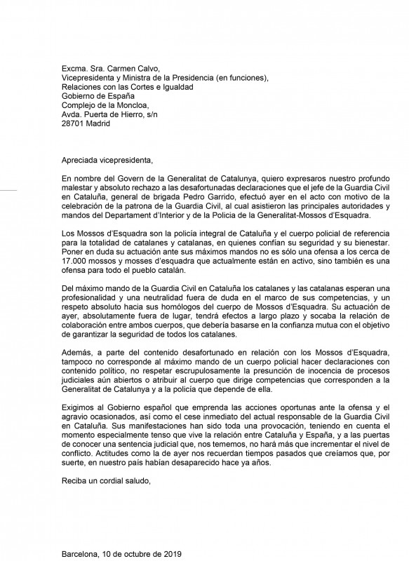 Carta del Govern al Ejecutivo de Sánchez.