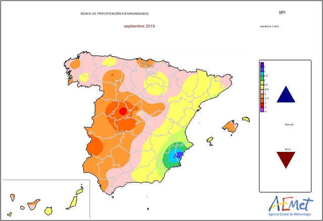 Índice de precipitación durante el último año (en rojo los lugares por debajo de la media de la década).
