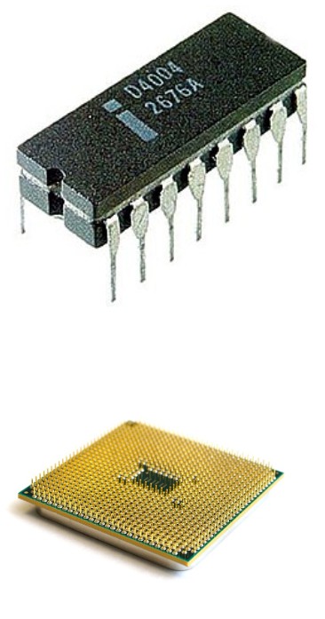 Arriba el procesador Intel 4004, con 2.600 transistores. Abajo, un procesador AMD con miles de millones. (Fuente Wikimedia, Pixabay)