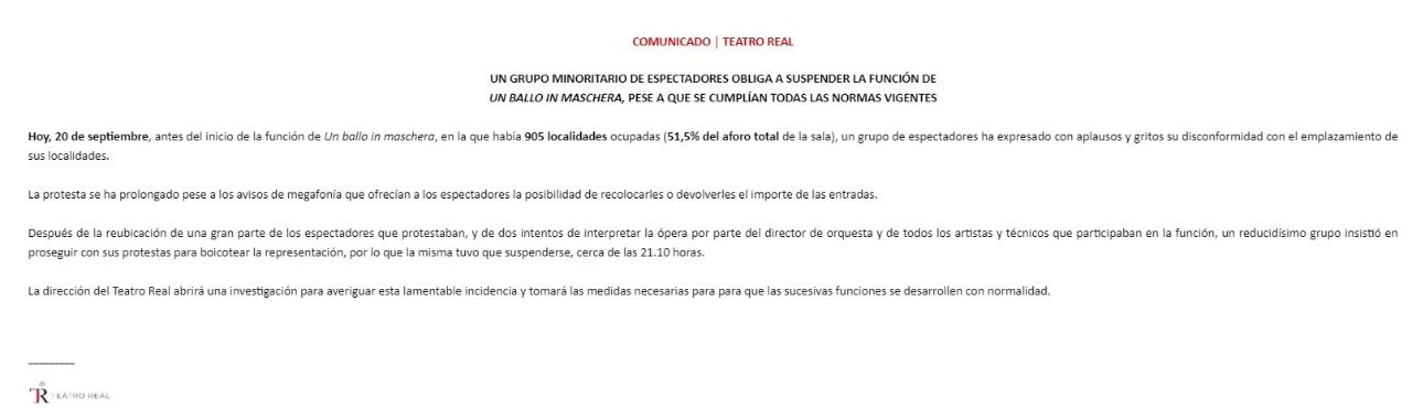 Comunicado íntegro del Teatro Real