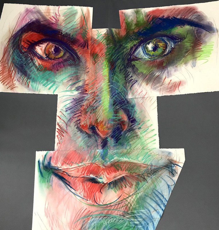 ME. Pastel, tizas y rotulador sobre Colage de papel Tamaño 200 x 200 cm. 2018.