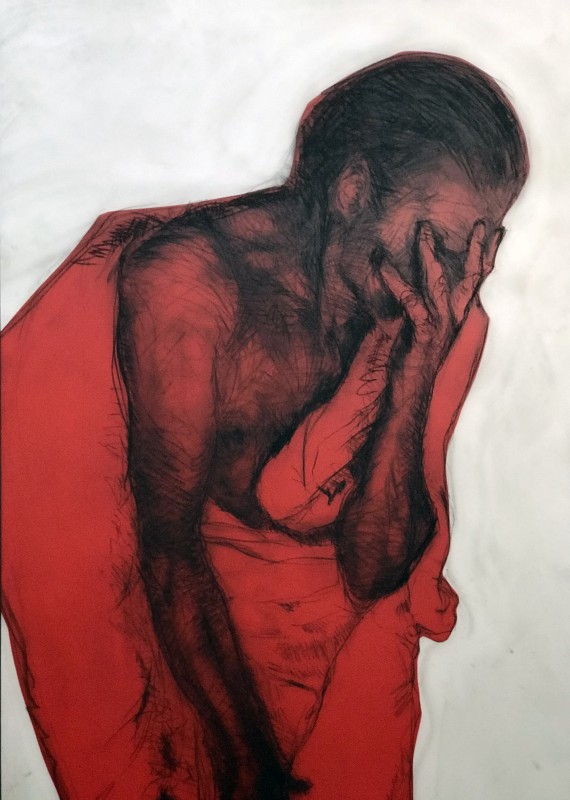 Grafito y pintura roja en spray sobre vinilo. 2018
