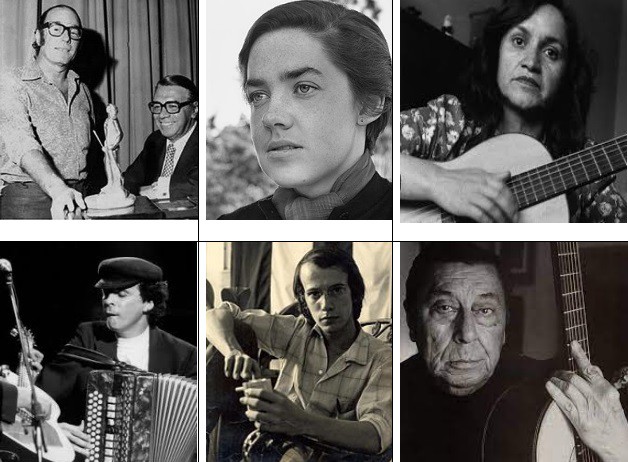 De arriba abajo y de izquierda a derecha: Félix Luna y Ariel Ramírez, María Elena Walsh, Violeta Parra, Antonio Tarragó Ros, Silvio Rodriguez, Atahualpa Yupanqui