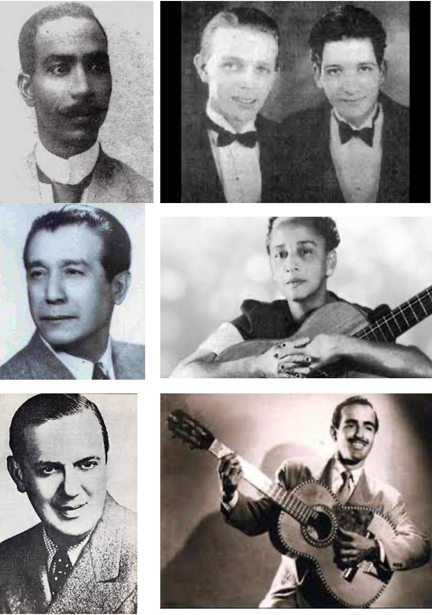 De arriba abajo y de izquierda a derecha: Pepe Sánchez (considerado el “primer trovador” cubano), Adolfo Utrera y Nilo Menéndez, Miguel Matamoros, María Teresa Vera, Ernesto Lecuona y Eliseo Grenet, representantes de los dos períodos de la Vieja Trova cubana. 