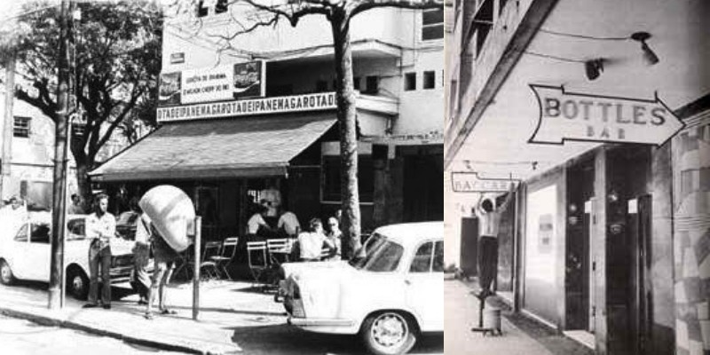 A la izquierda: Bar Veloso en 1962, local de moda del barrio de Ipanema, en la esquina de Prudente de Morais y Montenegro, en la zona sur de Río de Janeiro, por donde paseaba “la chica de Ipanema” que inspiró la canción “Garota de Ipanema”. | A la derecha: Beco das Garrafas (Callejón de las botellas), travesía sin salida de la rua Divivier, en Río de Janeiro, donde se concentraban las salas nocturnas y donde acudían a tocar percusionistas del jazz y la Bossa Nova. 
