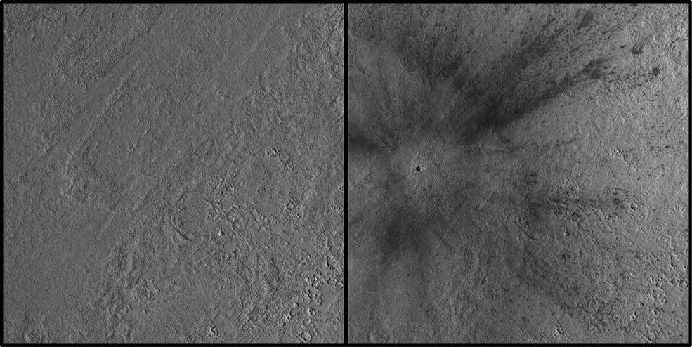 Imágenes del antes y el después del impacto, en una región de Marte llamada Amazonis Planitia. | NASA/JPL-Caltech/MSSS