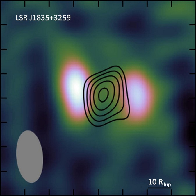 Imágenes de radio reconstruidas de LSR J1835+3259 utilizando la Red Europea VLBI. Las dos manchas corresponden al cinturón de radiación en forma de donut visto de canto. El contorno representa la potente luz polarizada que se origina en la aurora, cerca de la superficie de la enana marrón, situada a medio camino entre las componentes de radio del cinturón de radiación. Créditos: Joan Climent.