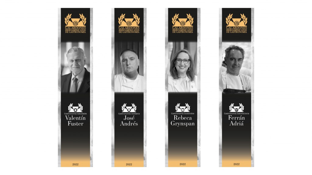 Valentín Fuster, Galardón Gastronomía Saludable; José Andrés, Galardón Gastronomía Solidaria; Rebeca Grynspan, Galardón Gastronomía Sostenible y Ferrán Adriá, Galardón Gastronomía Satisfactoria.