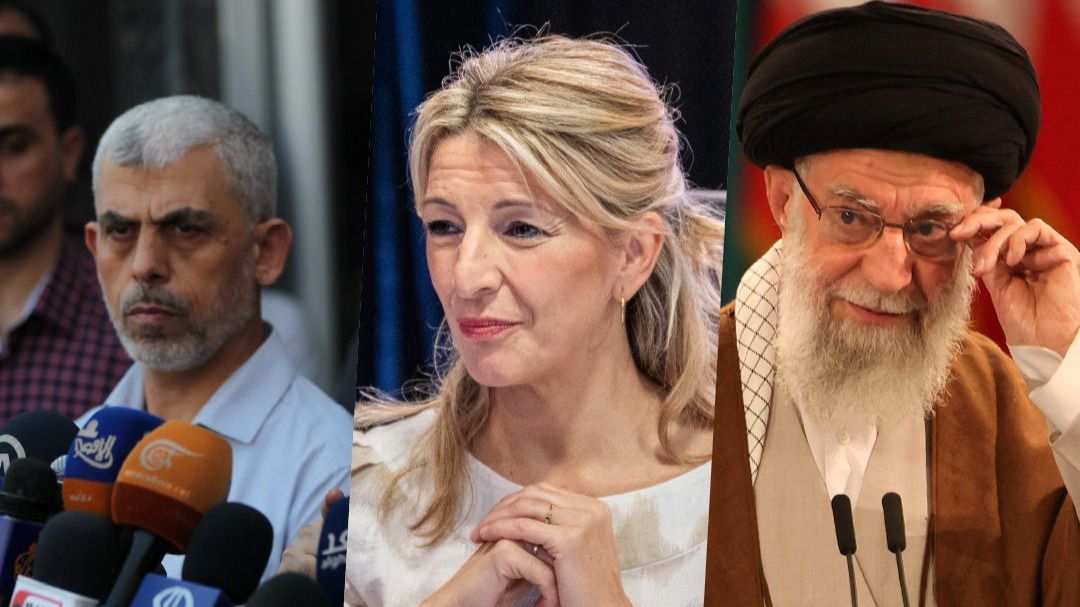 Montaje realizado por el ministro de Exteriores de Israel, Israel Katz, en el que puede verse a la vicepresidenta española con el líder de Hamás y el ayatolá Jameini.