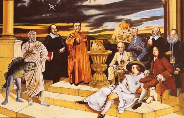 «En el cuadro al óleo de SM Félez (boceto de fa) de 195 x 135 cm 'El gran Teatro del Mundo'; de derecha a izquierda, Cervantes, Racine, Calderón, Goethe , O’Neill, Pirandello, Arrabal, Shakespeare, Godot, Sófocles y dramaturgo aún desconocido».