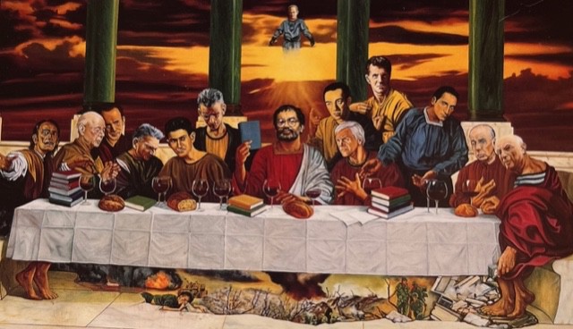 En el cuadro al óleo de SM Félez (boceto de fa) de 195 cm x 135 cm 'El gran cuadro del siglo XX'; de derecha a izquierda, Dalí, Ionesco, René Thom, Kafka, SAMUEL BECKETT, Arrabal, Topor, Mishima, Kundera, Wittgenstein, Duchamp, Borges y Picasso.