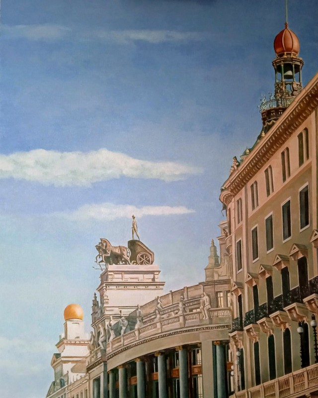 El auriga de Alcalá, de la colección Mirando al cielo de Madrid. Óleo sobre tabla (2024).
