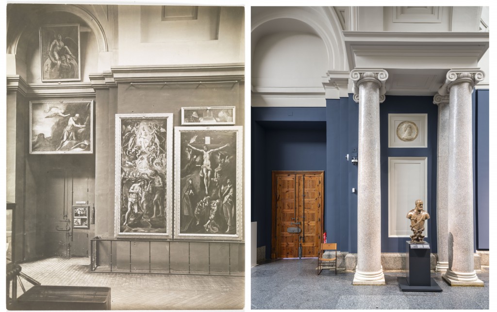 Vista de la galería central del Museo del Prado con establecimiento para la venta de fotografías HF-1229 y vista actual. Foto: Museo Nacional del Prado.
