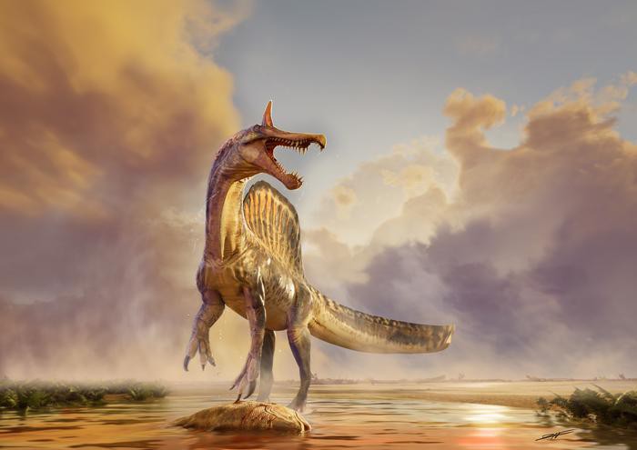 Un solo Spinosaurus mirabilis se alza sobre el cadáver del celacanto Mawsonia en la ribera boscosa de un río hace unos 95 millones de años, en lo que hoy es el desierto del Sahara en Níger | Obra de arte de Dani Navarro