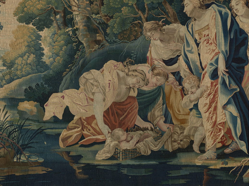 Moisés salvado de las aguas (detalle), de la serie “El Antiguo Testamento” Manufactura posiblemente del taller del Louvre, París, según diseño de Simon Vouet (1590-1649), h. 1643-1660. Colección Masaveu.© de la reproducción: Fundación María Cristina Masaveu Peterson. Foto: Marcos Morilla