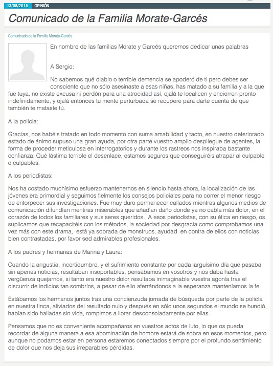 Comunicado de la familia de Sergio Morate.