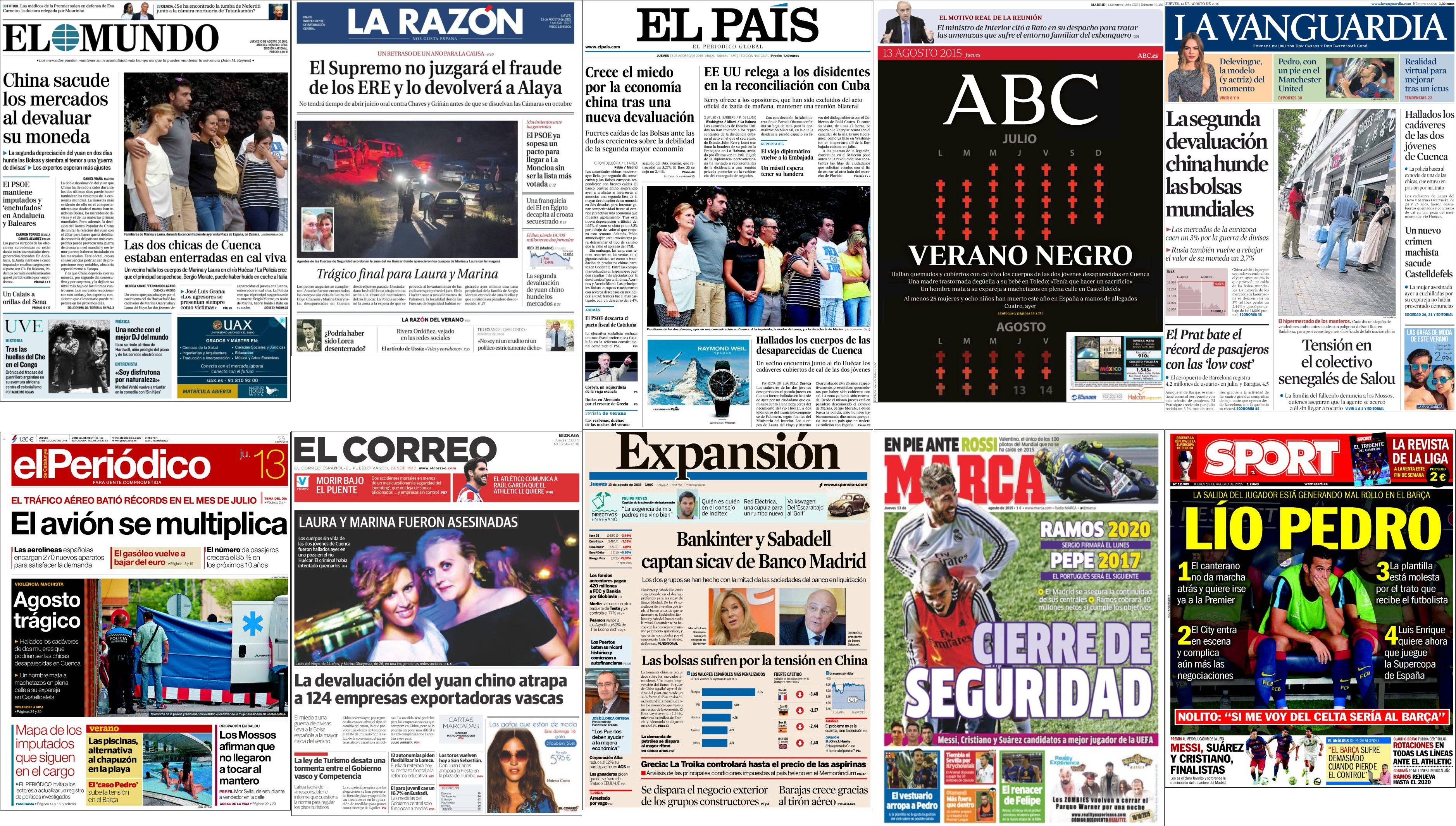 Portadas del jueves 13 de agosto de 2015.