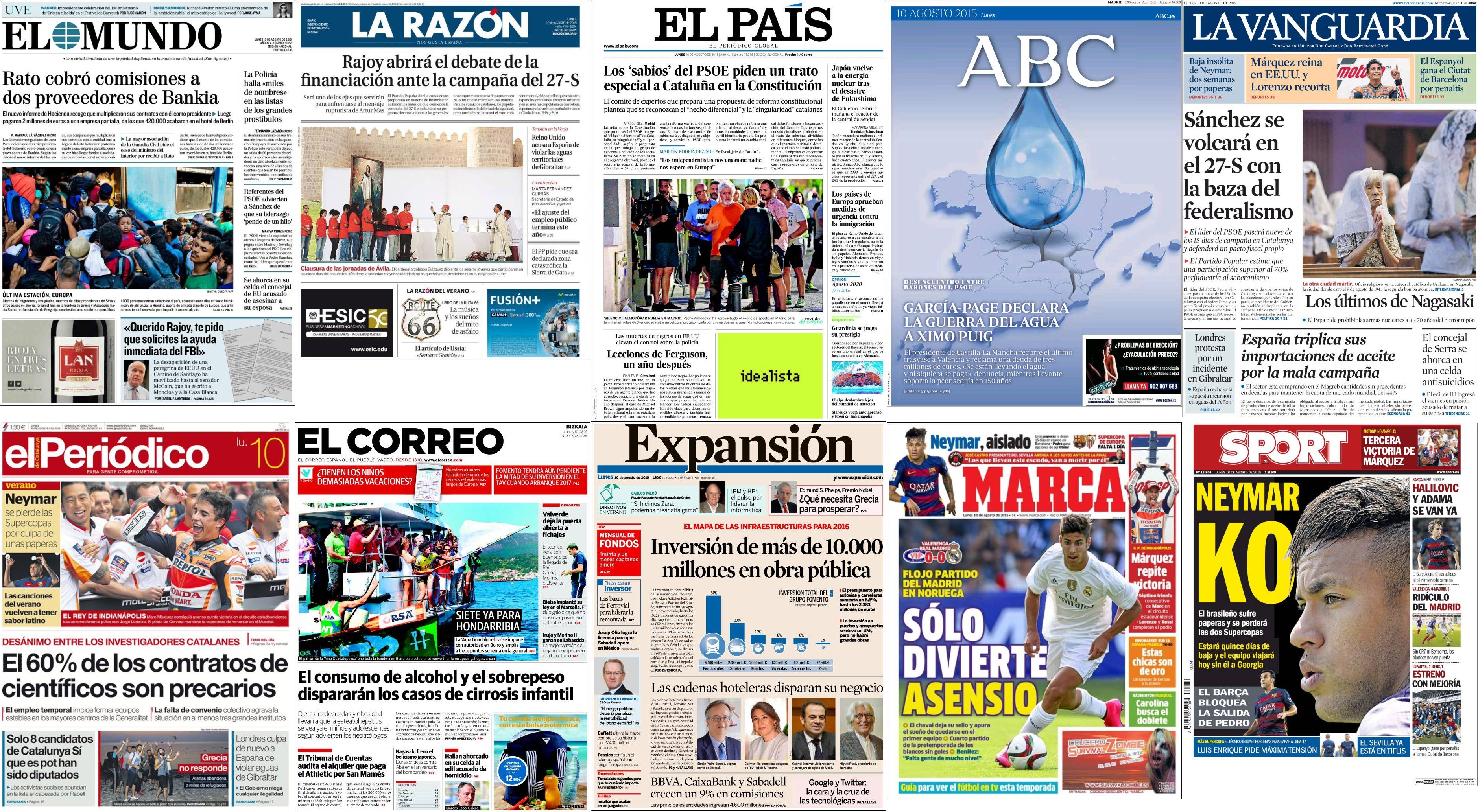 Portadas del lunes 10 de agosto de 2015.