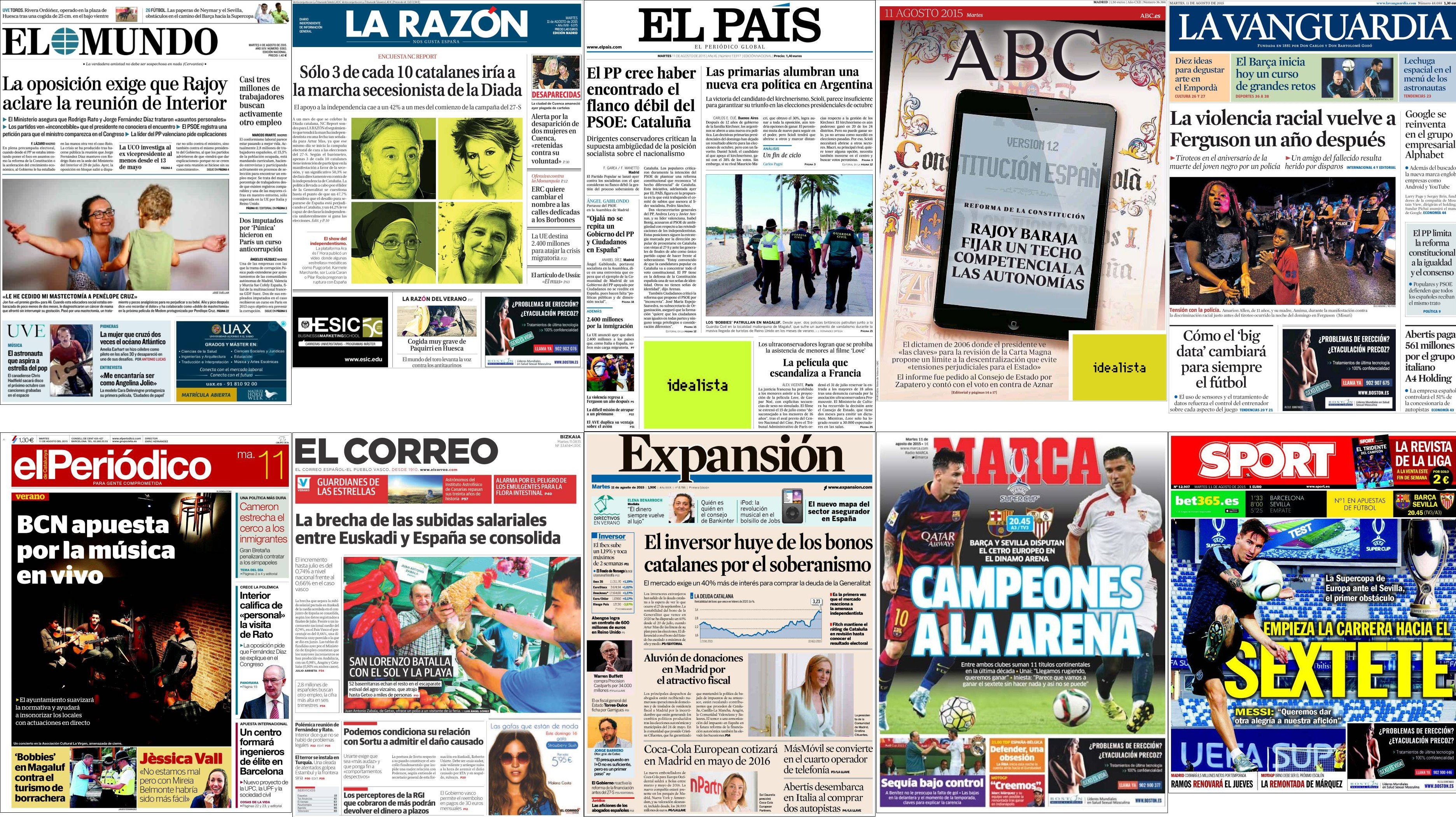 Portadas del martes 11 de agosto de 2015.