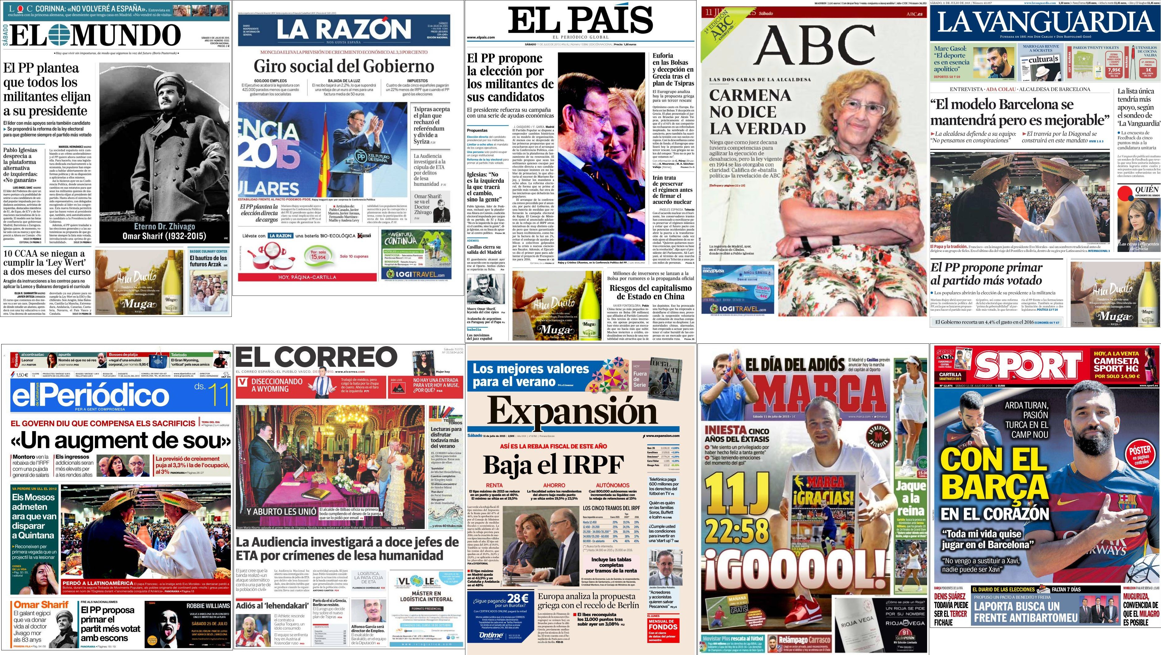 Portadas del sábado 11 de julio de 2015.