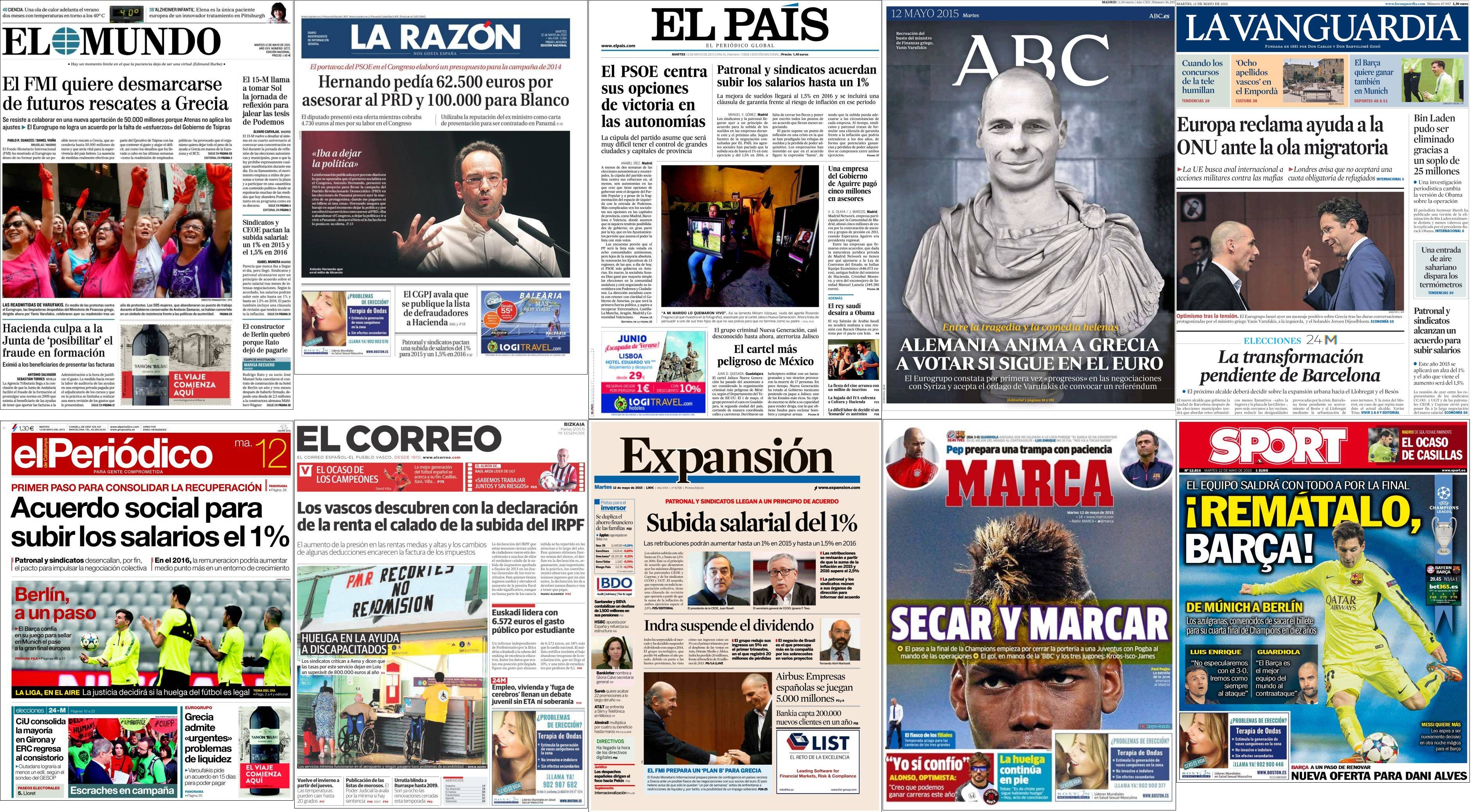 Portadas del martes 12 de mayo de 2015.
